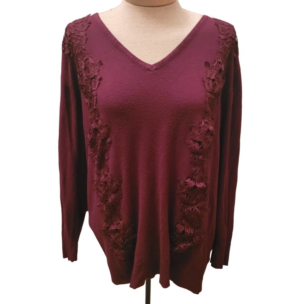 Lane Bryant Maroon Lace Accent V-neck Sweater Sz 18/20